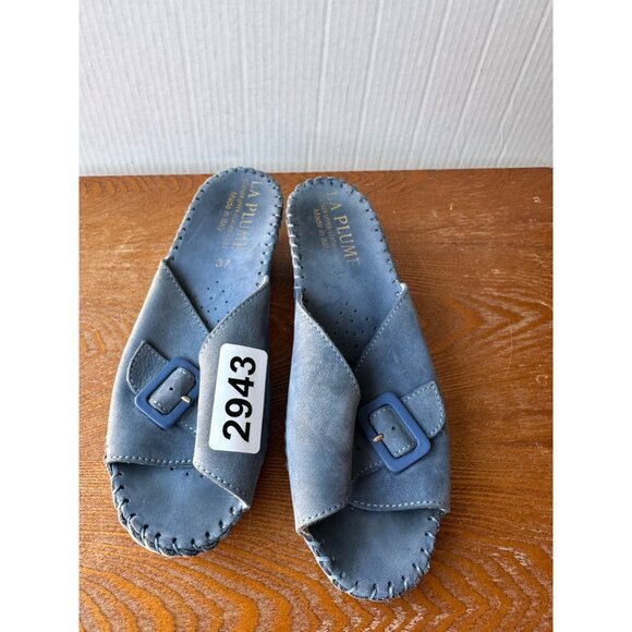 La Plume Women's Size 38 Blue Leather Slip-On Sandals With Buckle Accent Sz 6.5 - Picture 7 of 9